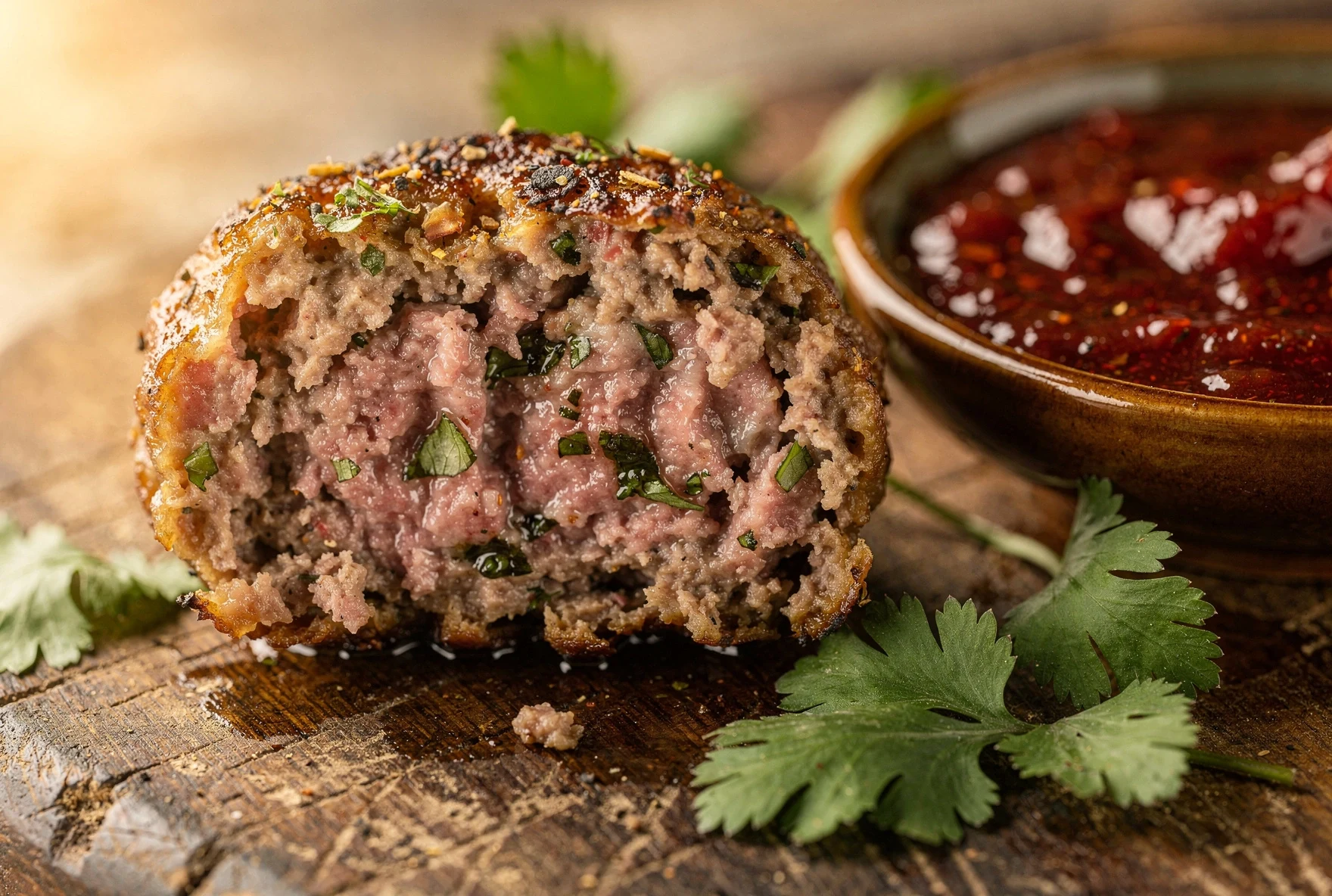 Close-up of a Georgian abkhazura meatball cut in half showing juicy interior with herbs, served with tkemali sauce