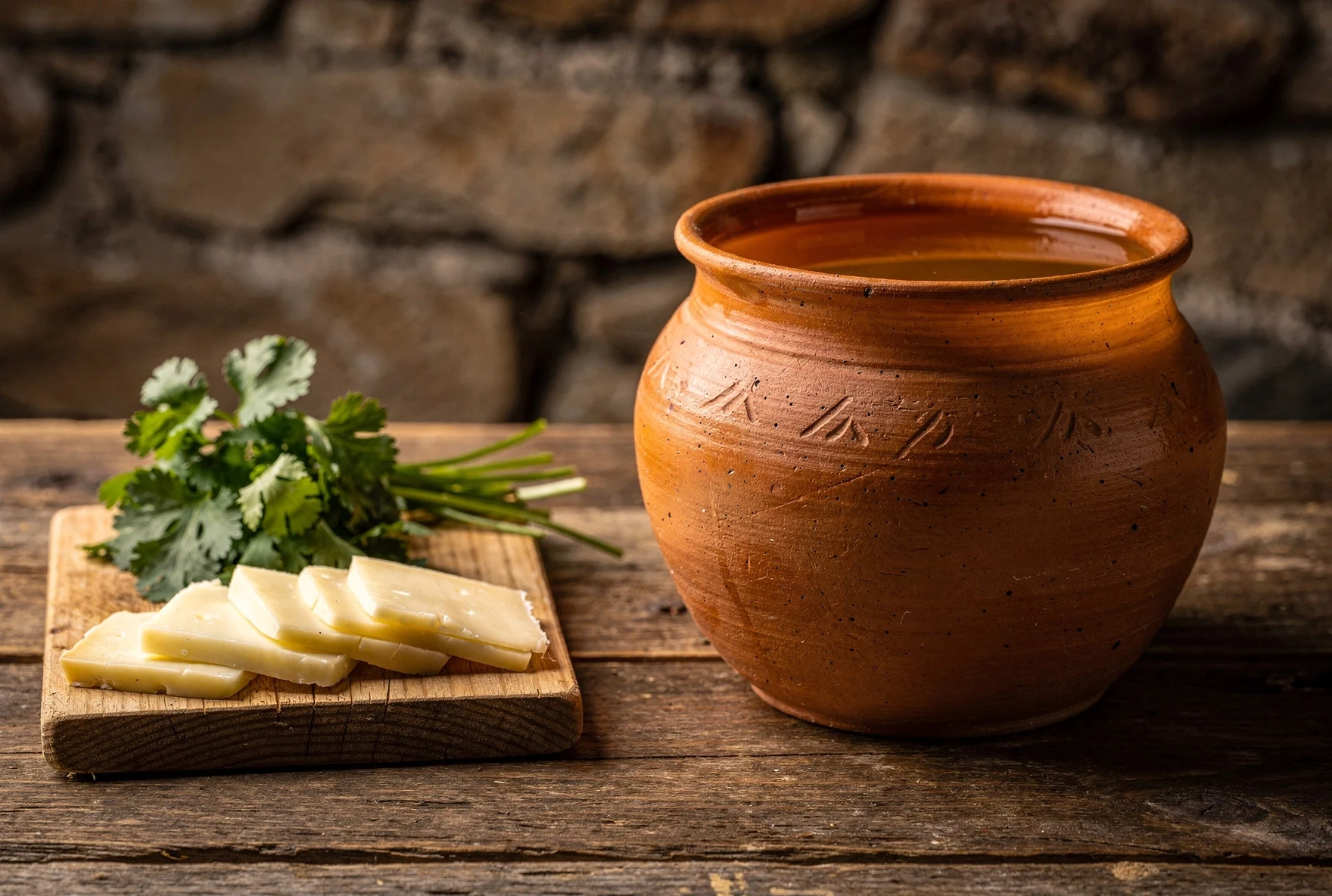 Close-up of Georgian amber wine in a clay cup next to sliced Imeretian cheese and fresh herbs