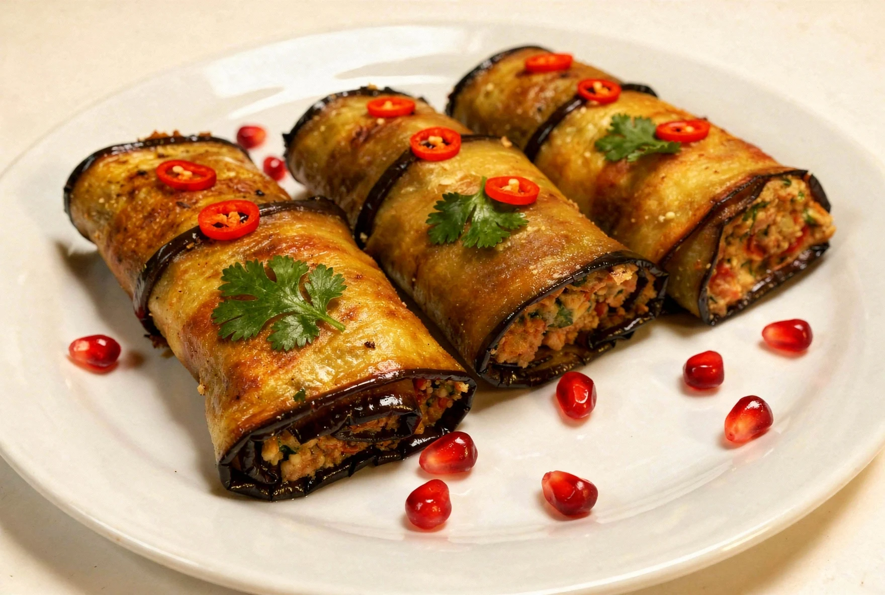 Georgian badrijani nigvzit, eggplant rolls filled with walnut paste and garnished with pomegranate seeds