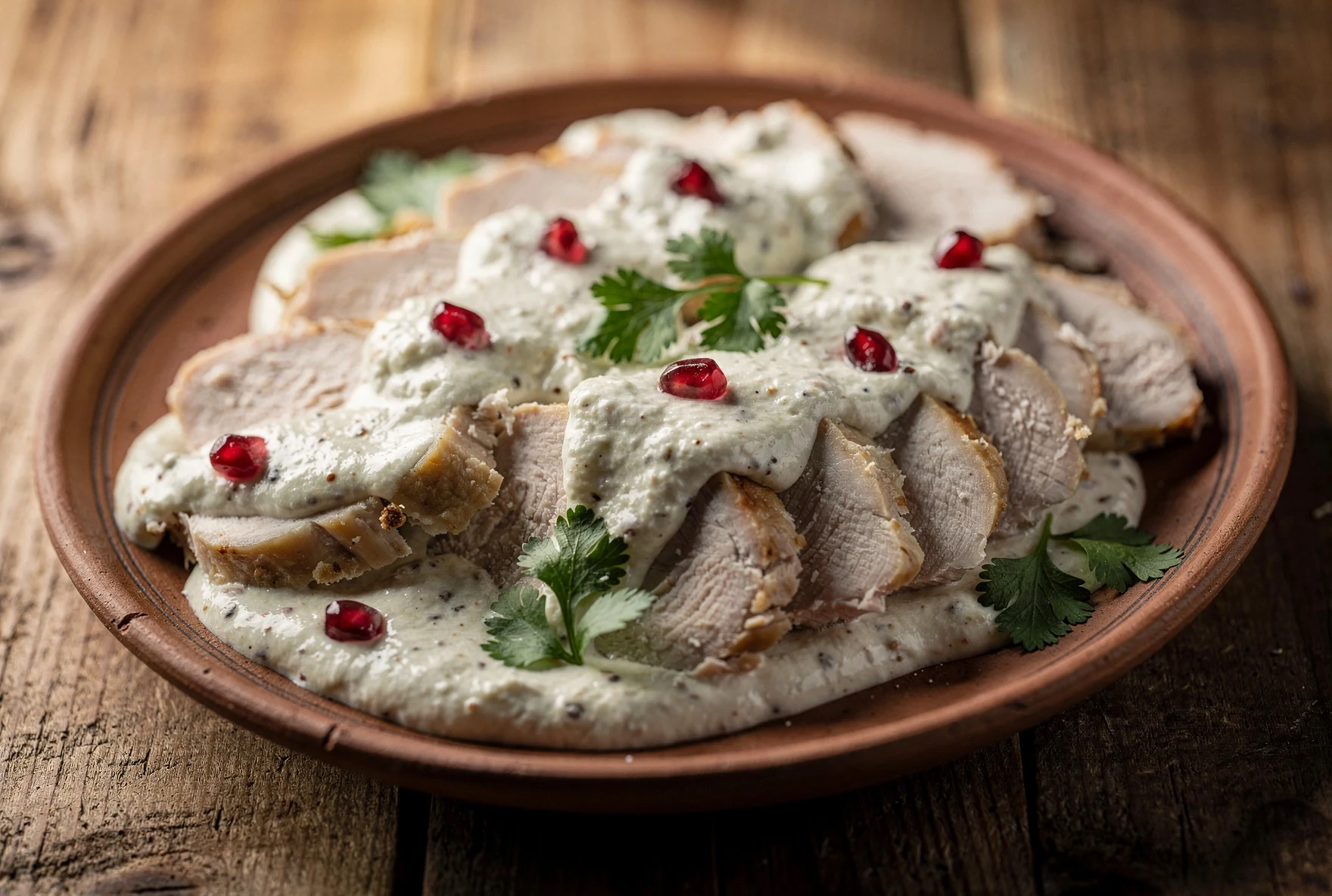 Cold boiled chicken pieces covered in creamy white bazhe walnut sauce with pomegranate seeds and cilantro on a Georgian clay plate