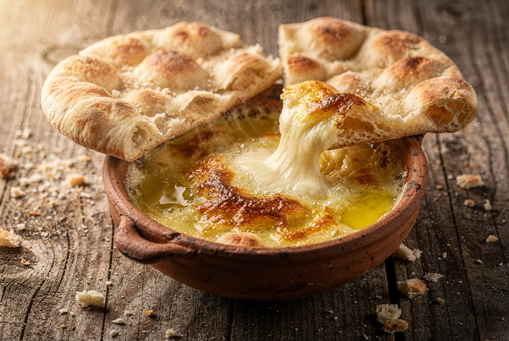 Borano served with bread for dipping on a rustic Georgian table