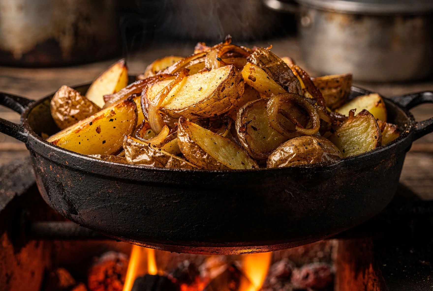 Pan with golden crispy potatoes and caramelized onions cooking over an open flame