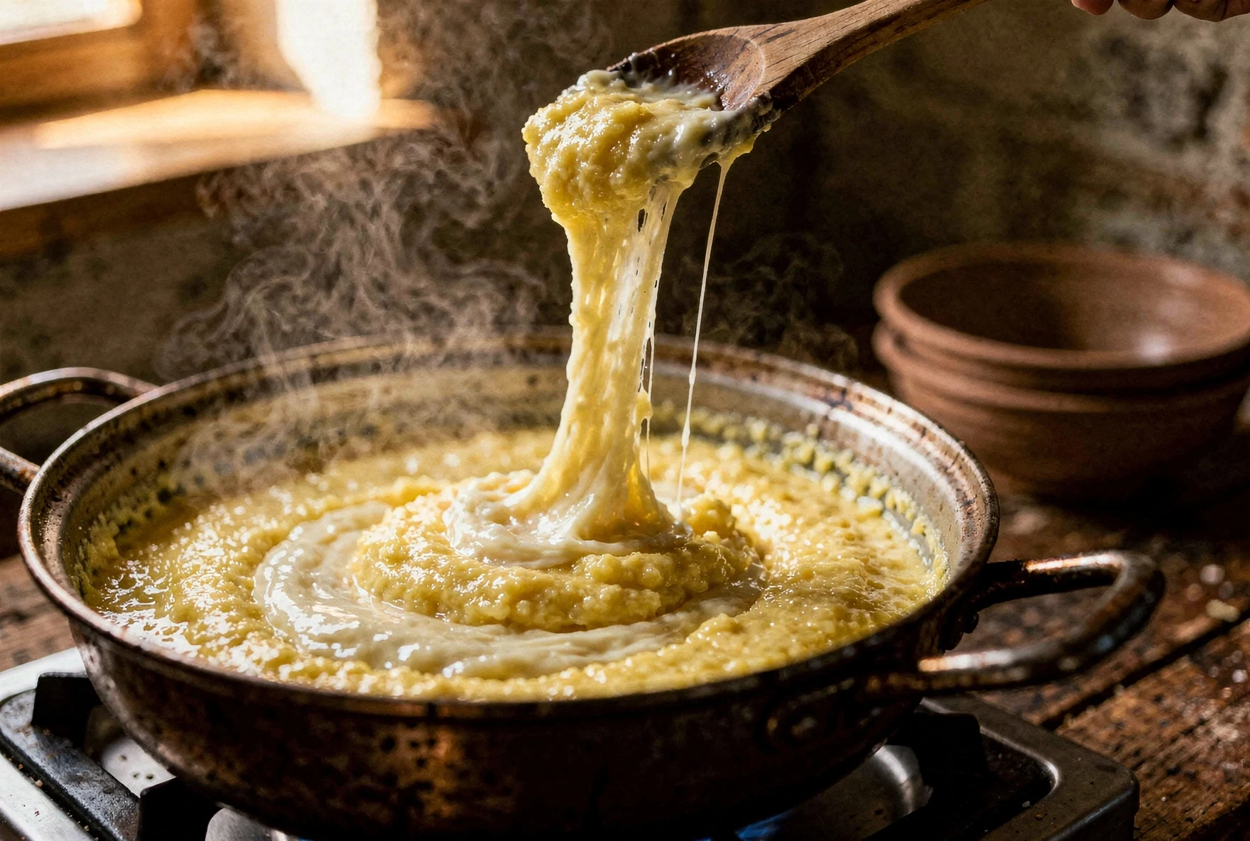 Stirring sulguni cheese into thick cornmeal porridge to make Georgian elarji