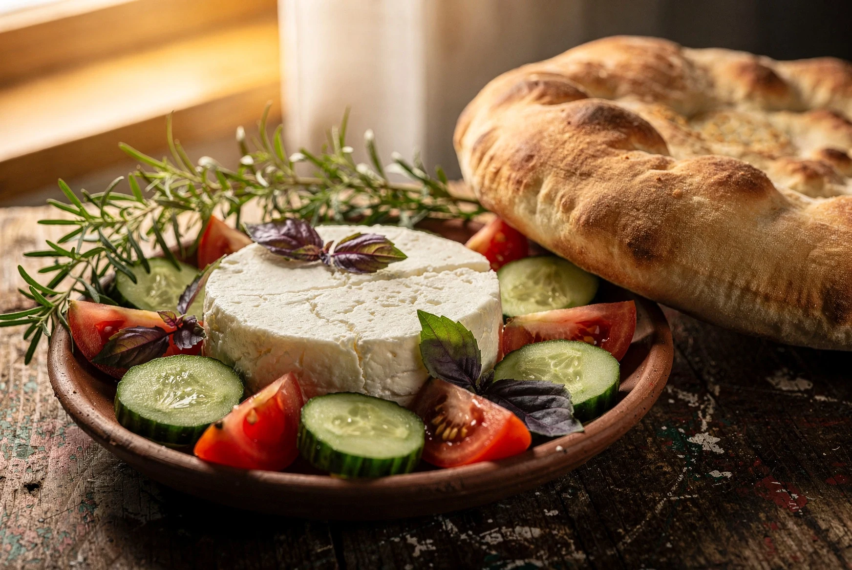 Fresh Georgian cheeses served with herbs, tomatoes and bread