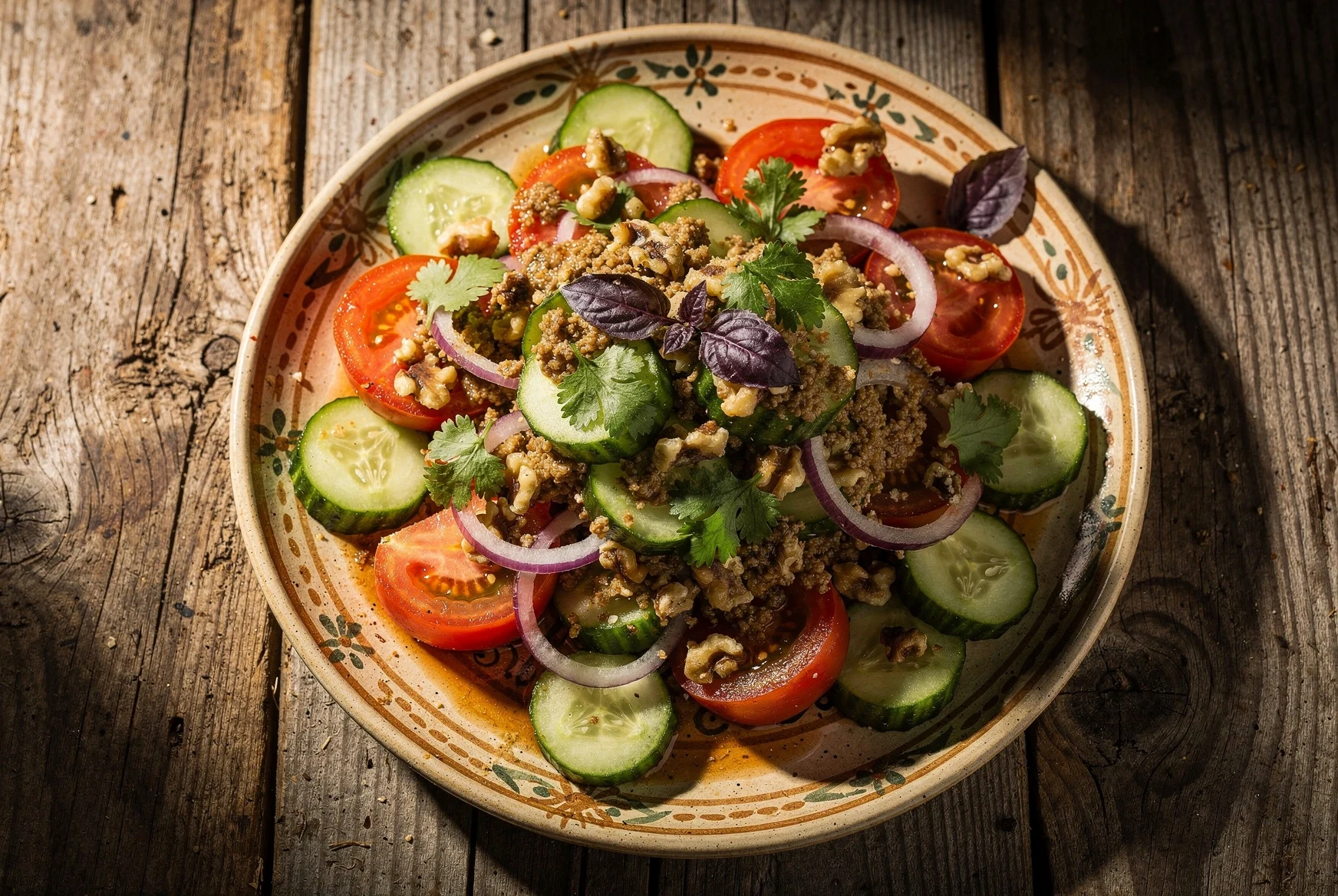 Georgian Salad: Tomato, Cucumber & Walnut Dressing