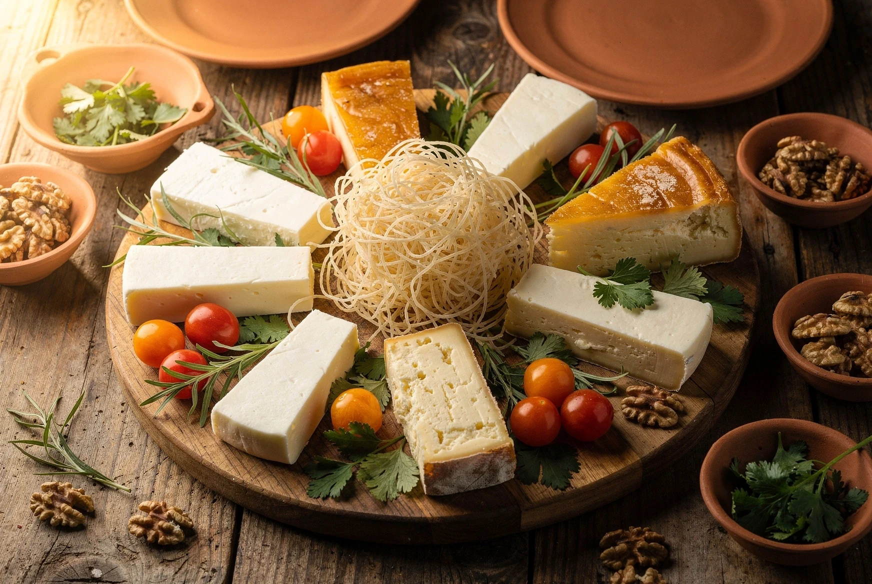 Assorted Georgian cheeses with herbs and bread on a rustic table