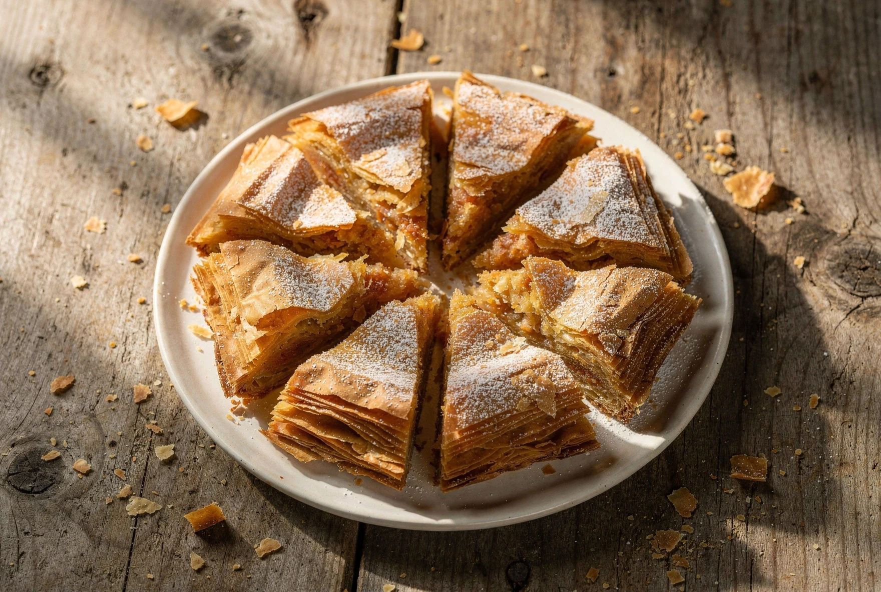 Sliced Georgian kada pastry pieces showing golden flaky layers on a white plate