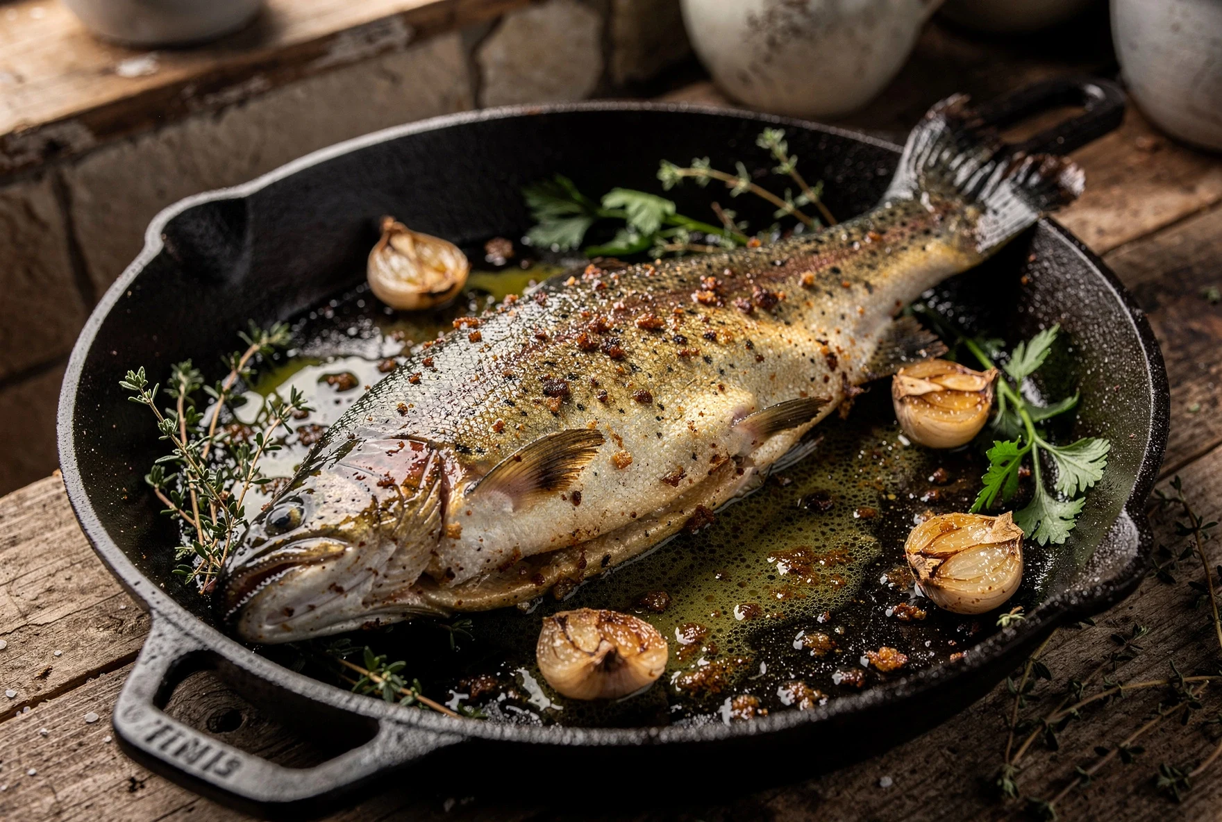 Pan-fried whole trout in a cast iron skillet with butter, herbs and garlic