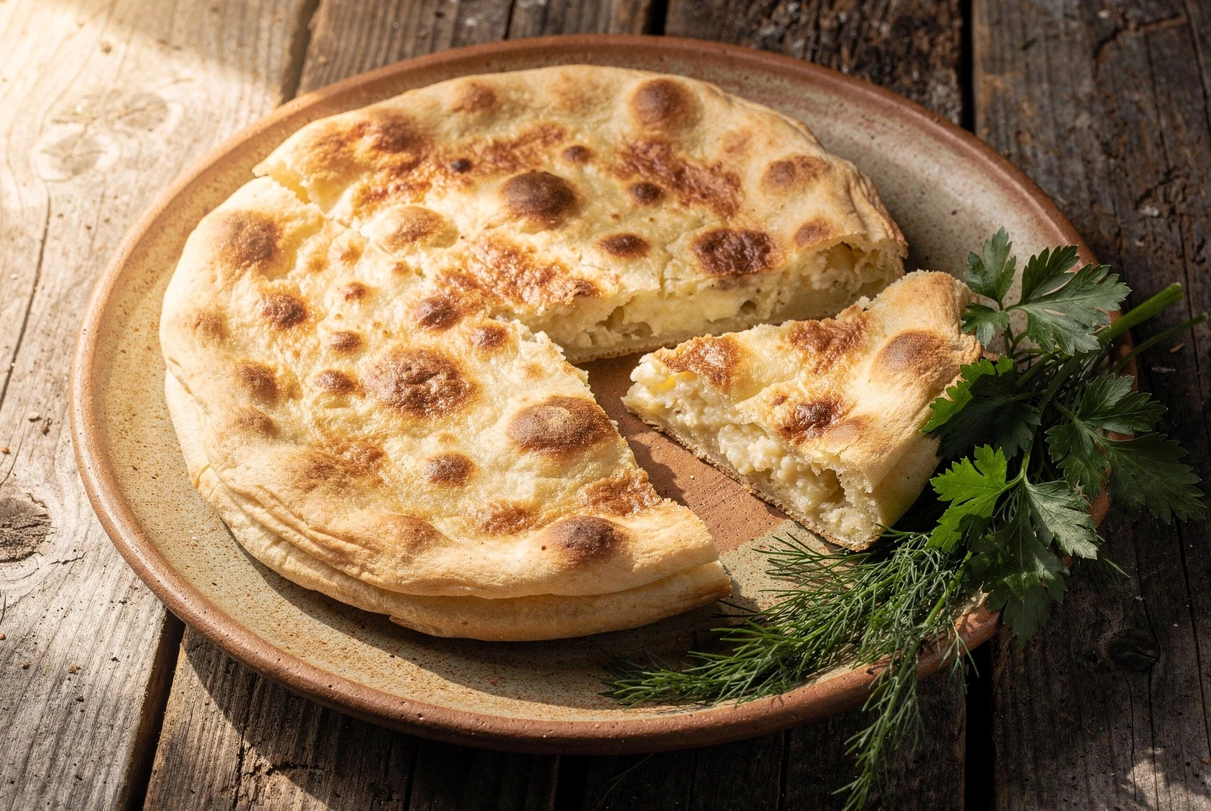 Overhead view of finished khabidzgina, a thin round potato-and-cheese pie on a clay plate