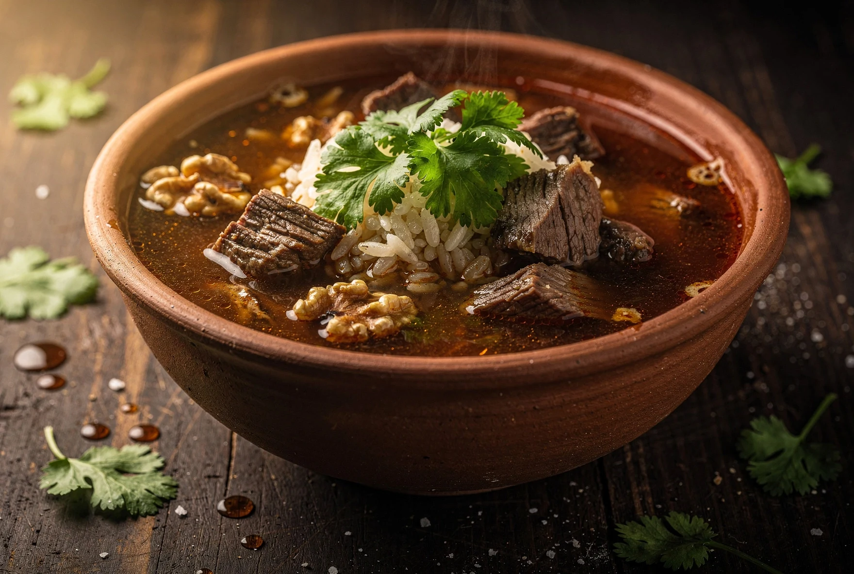 Close-up of a bowl of Georgian kharcho soup with rich broth, herbs, and walnut pieces