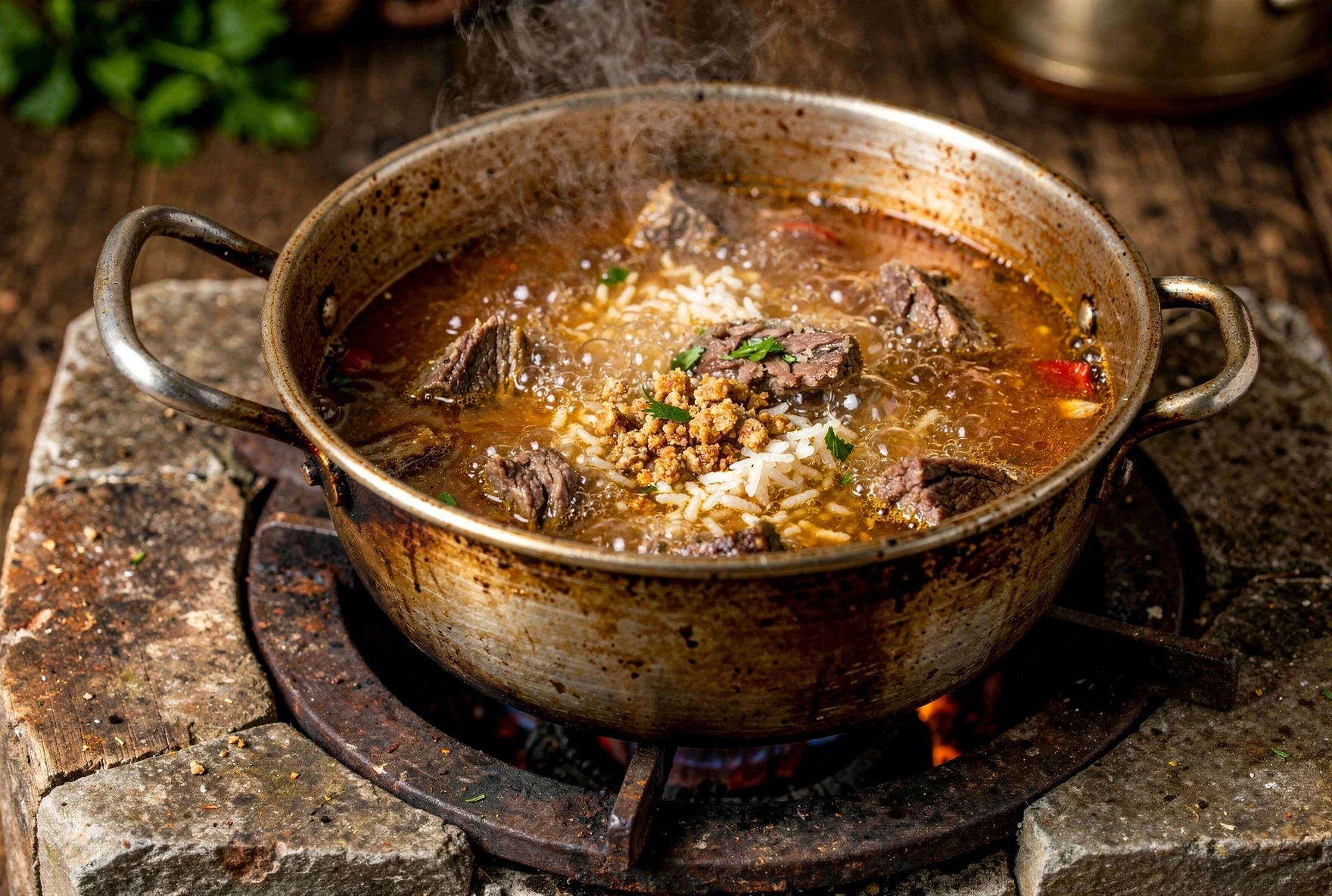Kharcho simmering in a pot with visible walnut pieces and herbs