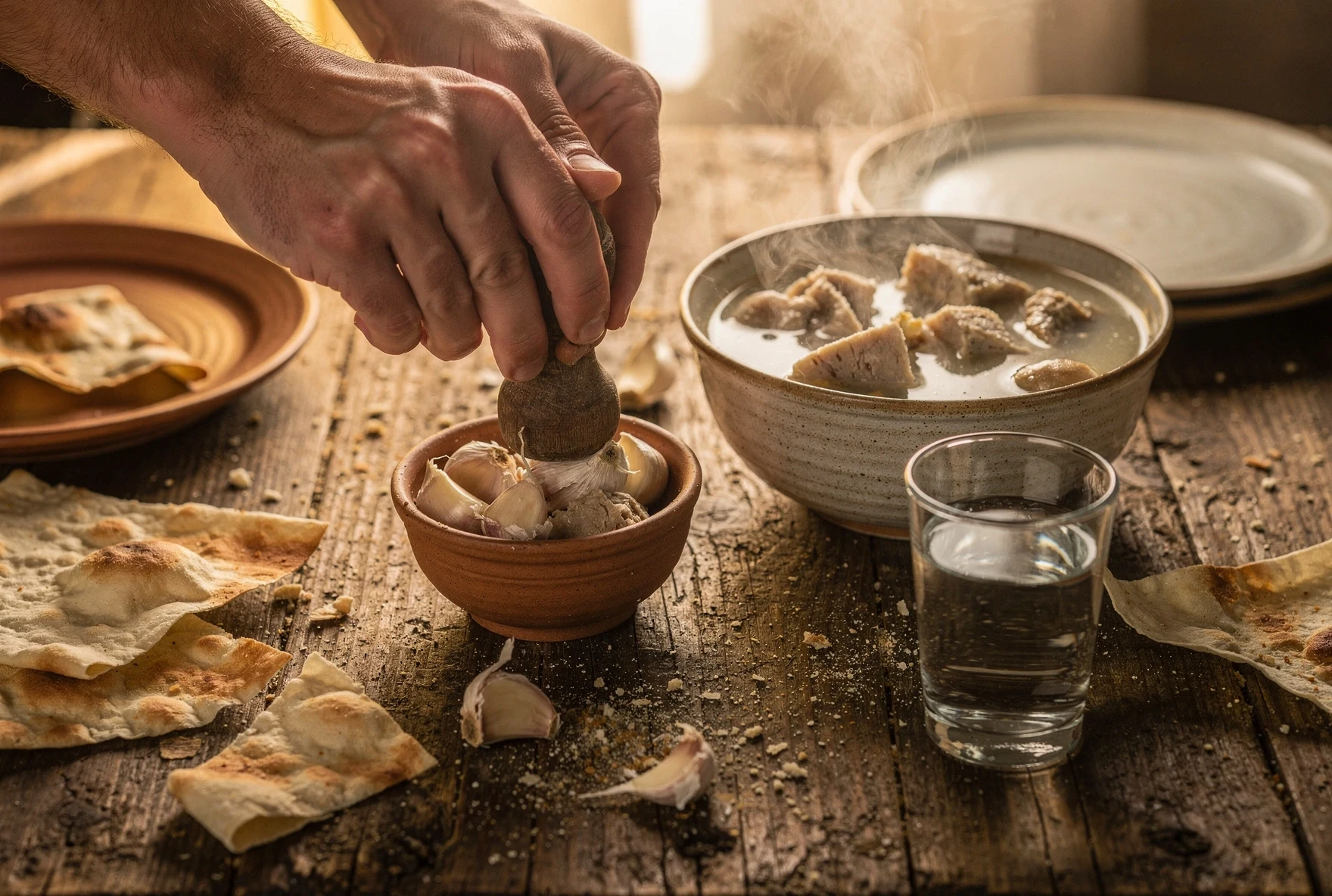 Crushing raw garlic into khashi soup with dried bread and chacha on a wooden table