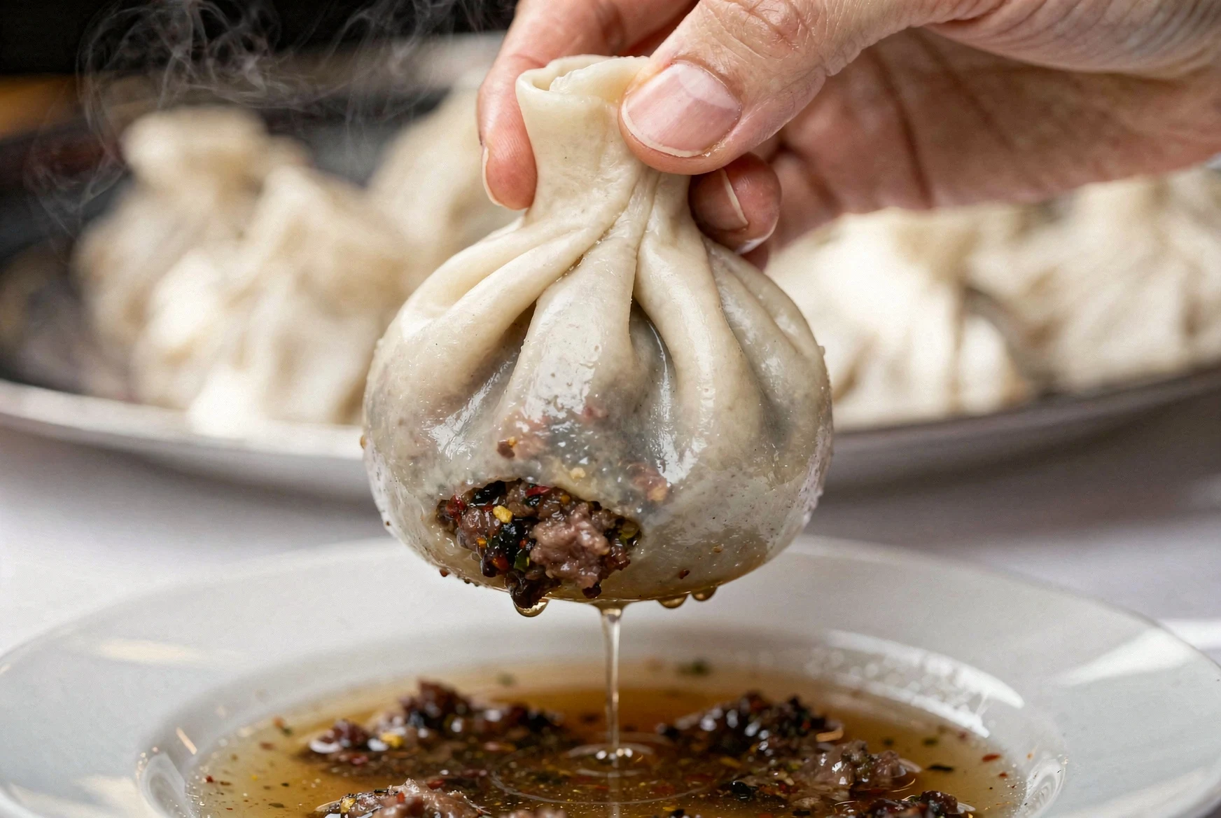 Close-up of hand-pleated khinkali dumplings showing intricate pleating technique