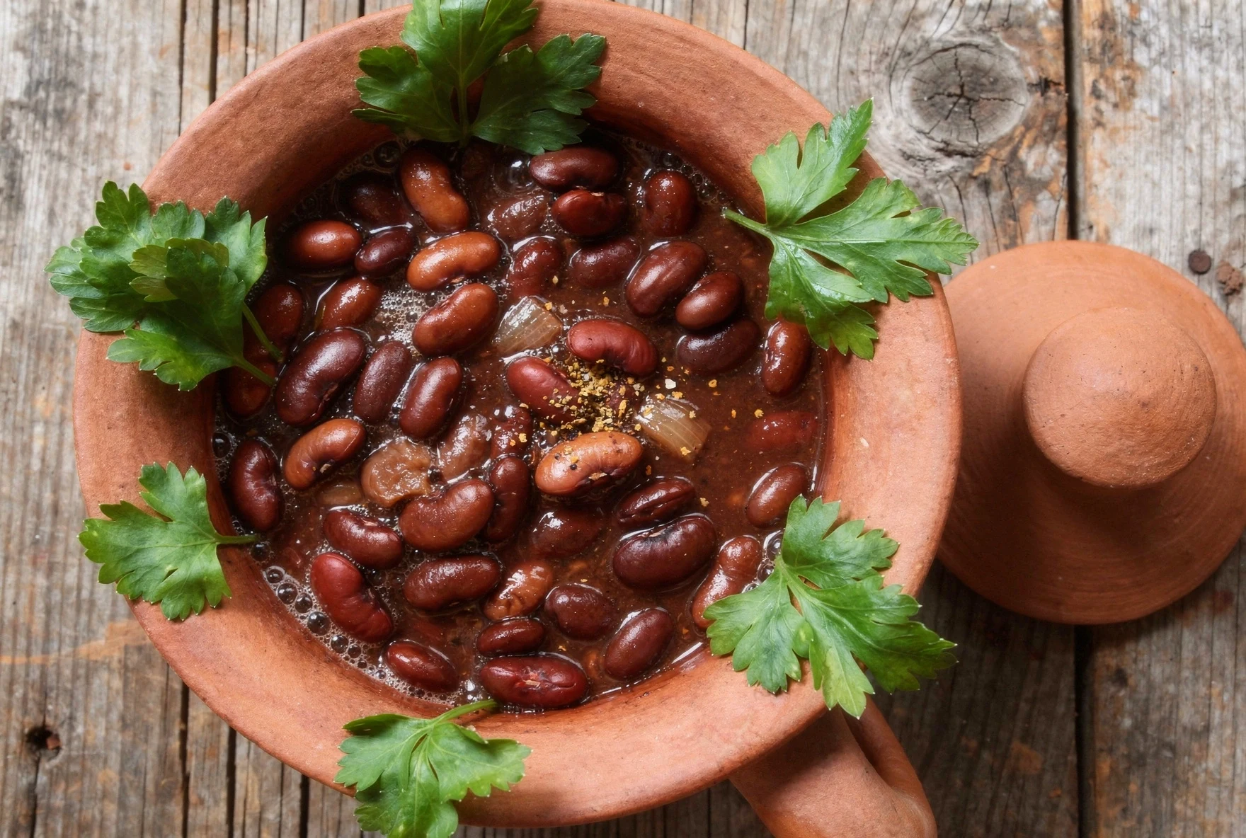 Georgian lobio, hearty red kidney bean stew with cilantro and chili in a clay pot