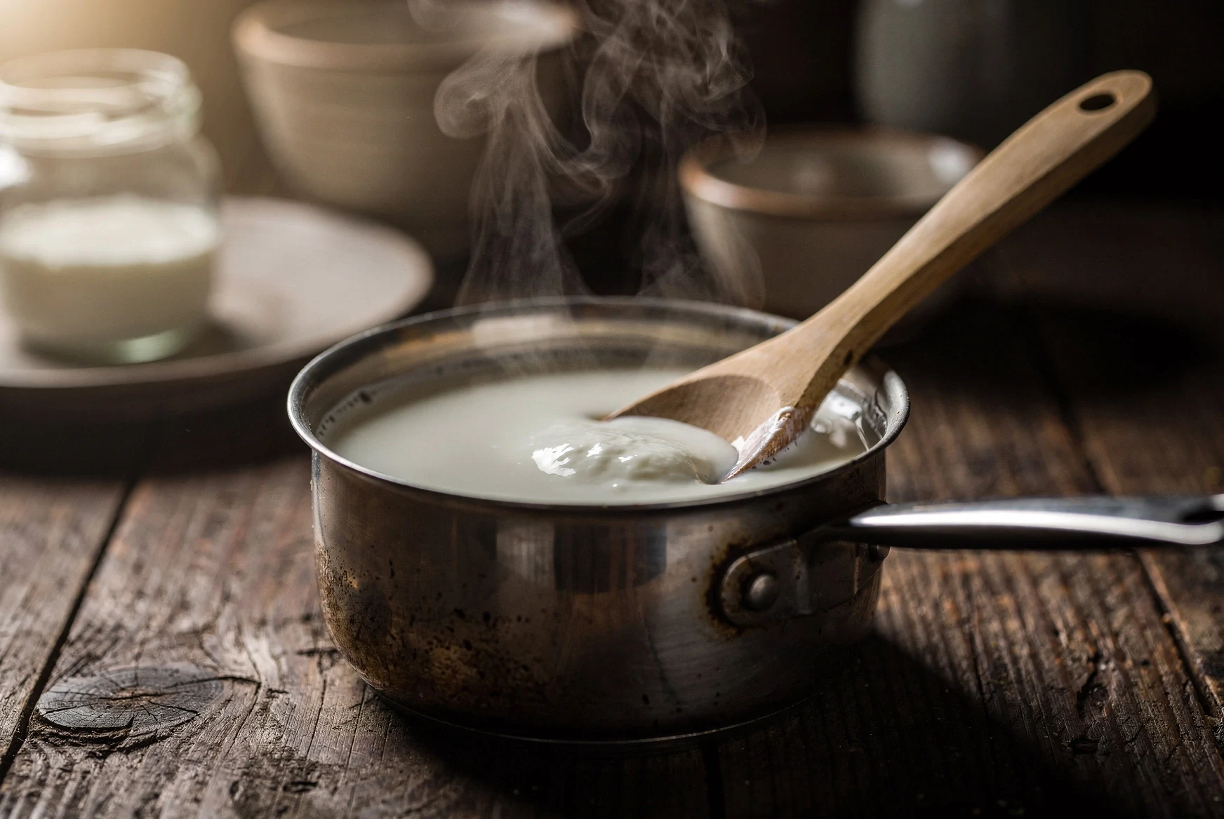 Milk being gently heated in a saucepan for homemade matsoni