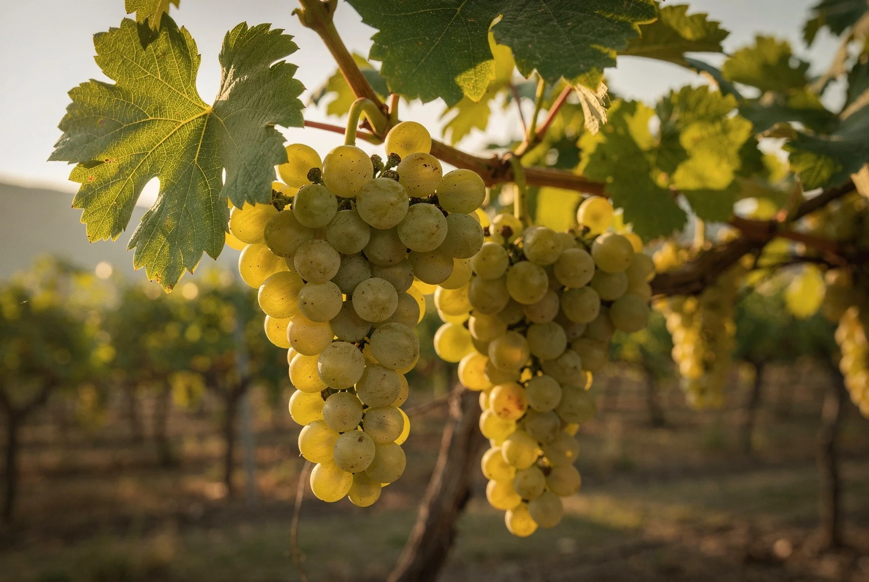 Ripe Mtsvane grapes in a Kakheti vineyard in late afternoon light