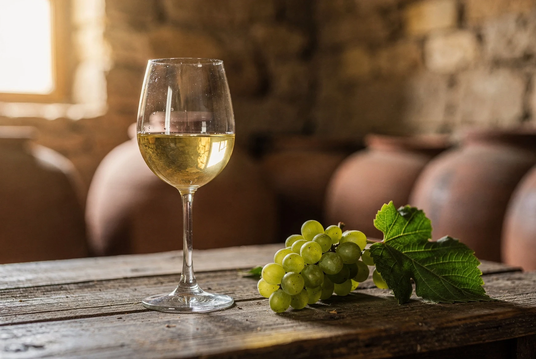 Glass of Georgian Mtsvane white wine beside grapes and a rustic cellar table