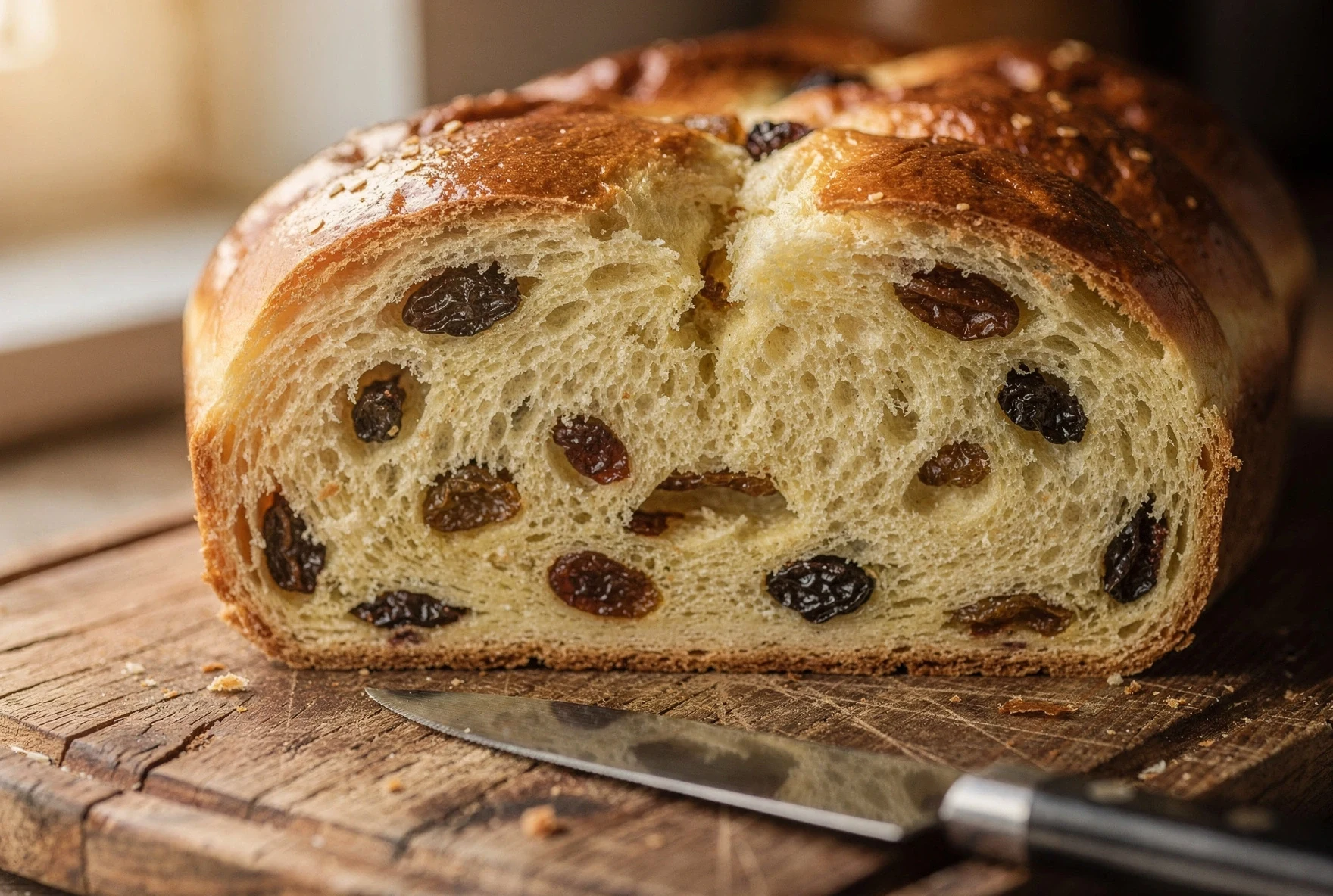 Close-up of sliced nazuki showing soft interior crumb studded with raisins