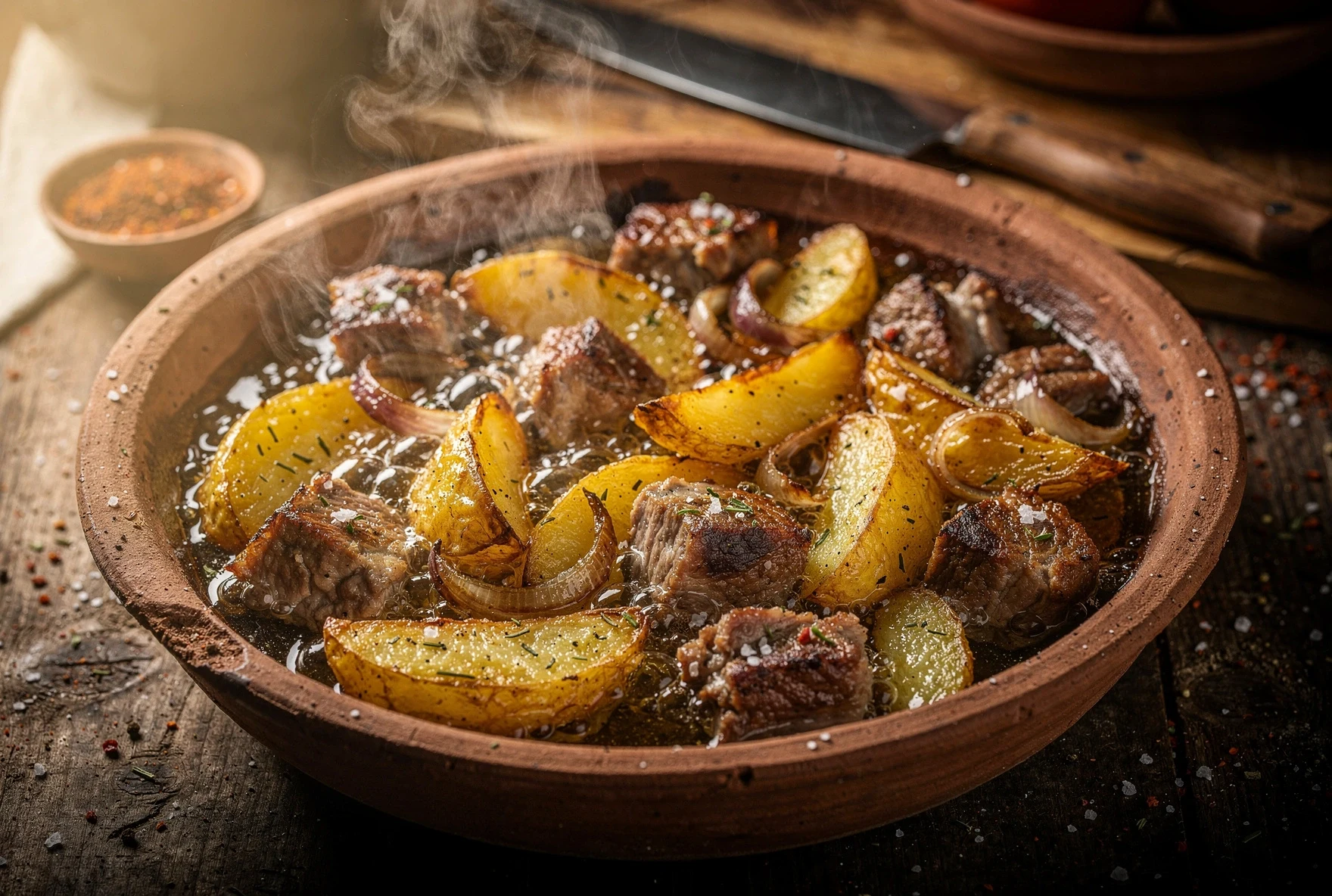 Pork and potatoes frying in a cast iron skillet for ojakhuri