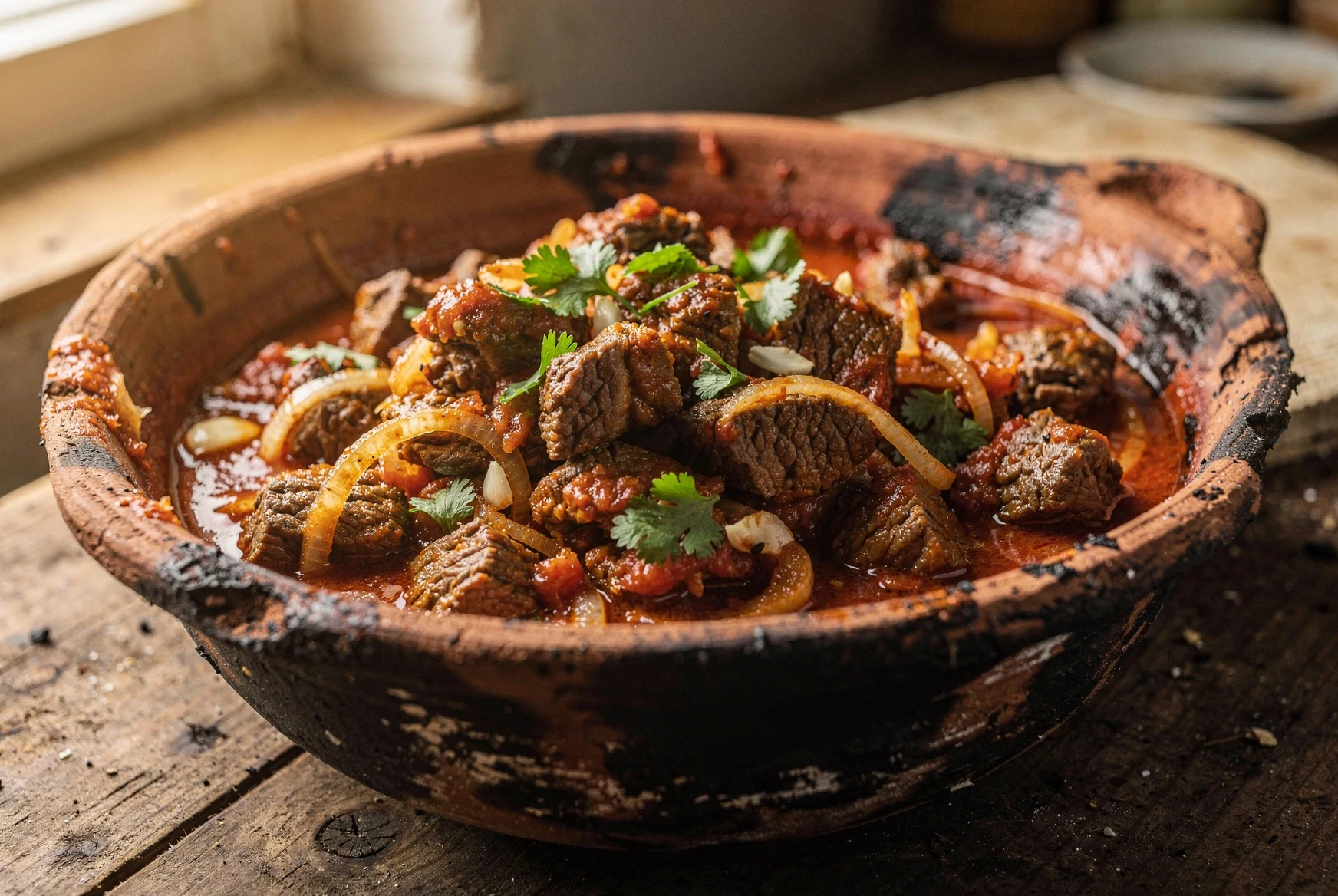 Close-up of Georgian ostri beef in tomato sauce in a dark clay dish