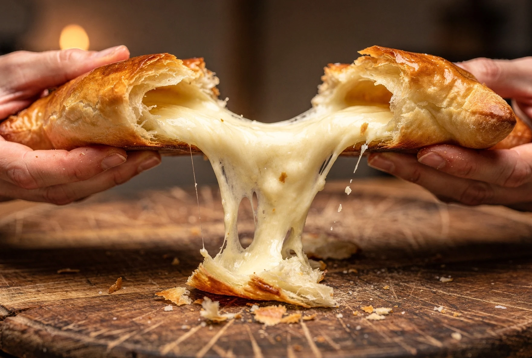 Hands pulling apart golden flaky penovani khachapuri showing stretchy melted cheese between crispy pastry layers