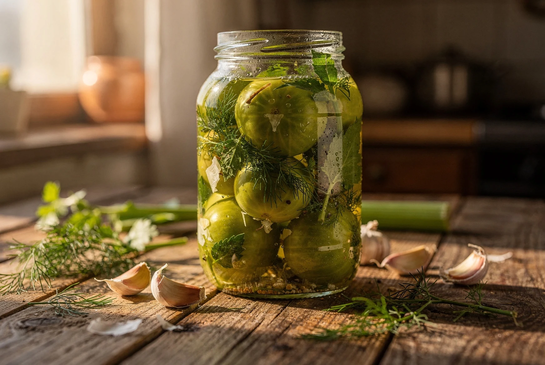 Jar of Georgian green tomatoes fermenting with garlic, dill, and celery leaves