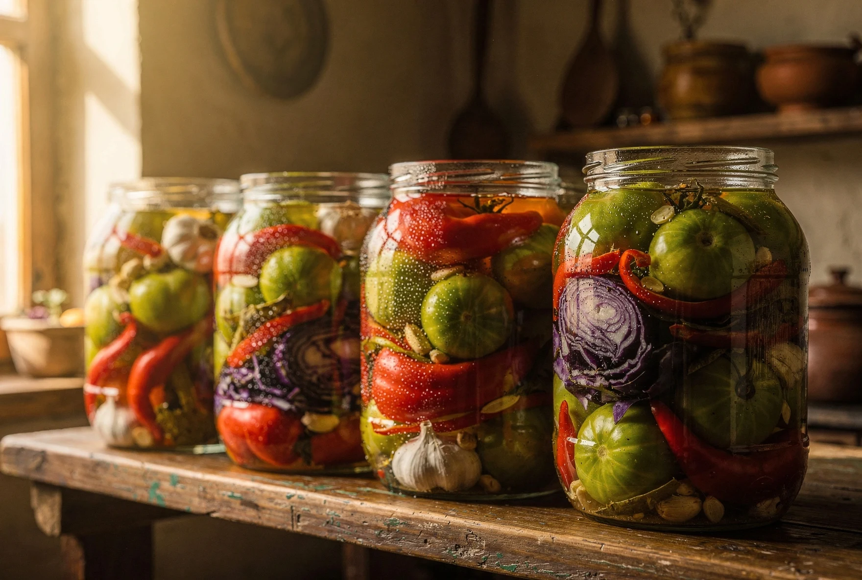 Glass preserving jars filled with colorful Georgian pickled vegetables — green tomatoes, red peppers, cabbage, and garlic — on a rustic wooden shelf with natural window light