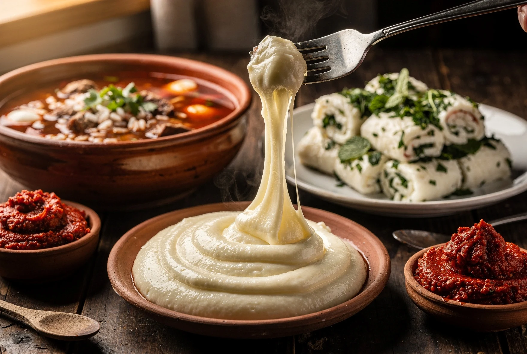 Megrelian dishes including stretchy elarji, kharcho soup, and adjika