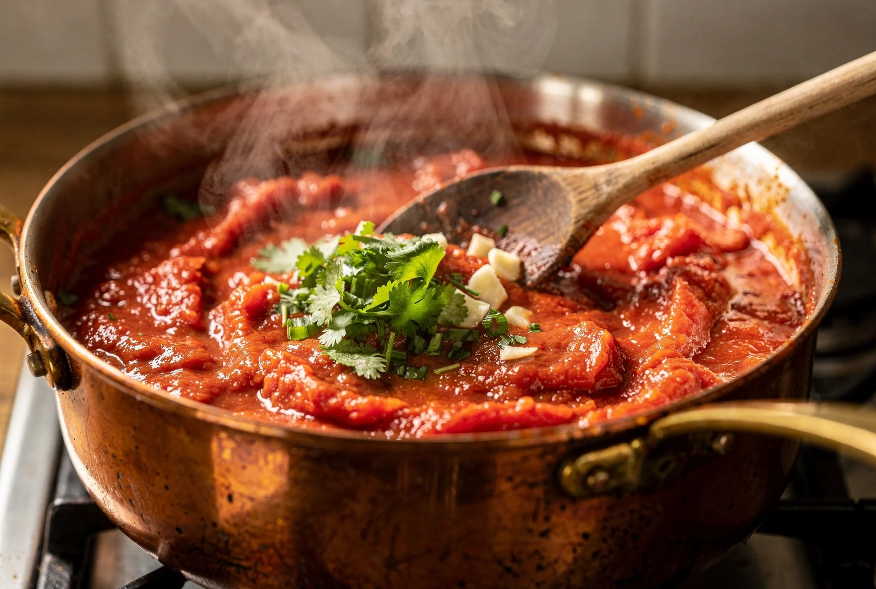 Red satsebeli sauce simmering in a copper saucepan with fresh cilantro being stirred in