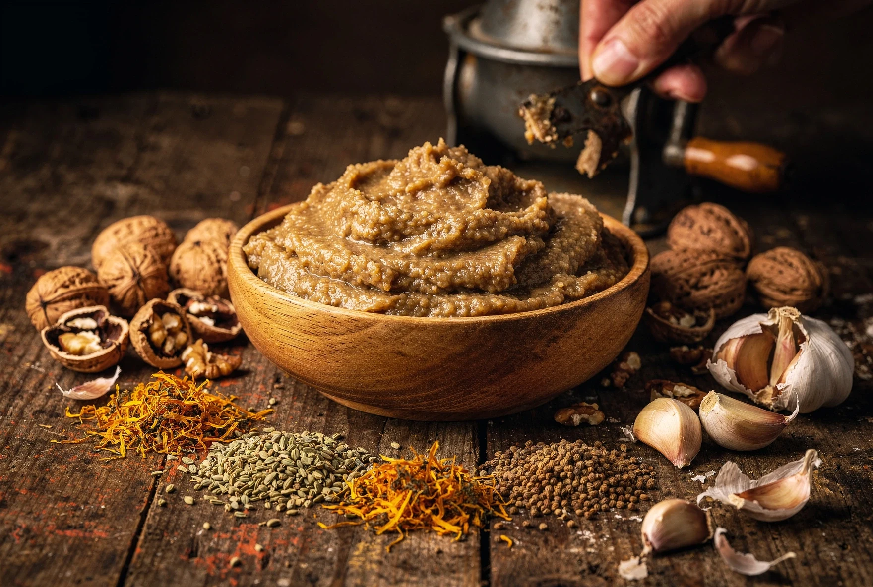 Traditional Georgian walnut sauce preparation with ground walnut paste, cracked walnuts, dried spices, and garlic on a wooden table