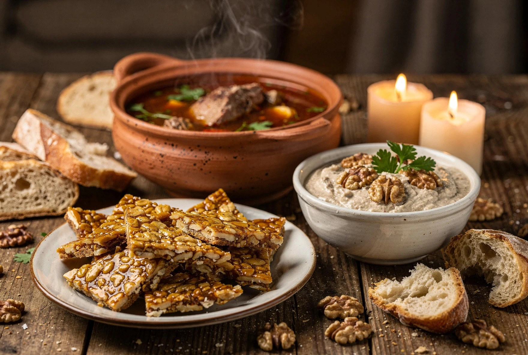 Georgian winter feast with kharcho soup, satsivi, gozinaki, and bread on a rustic table with candlelight