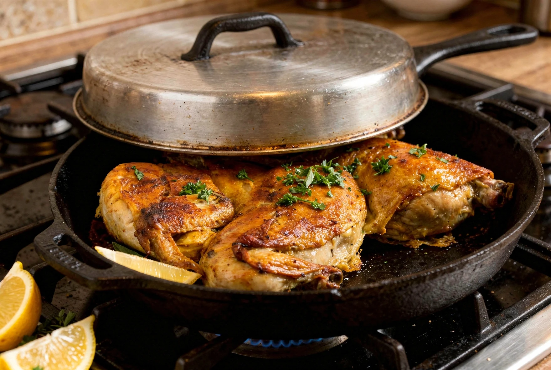 Chicken being pressed under a weight in a cast iron skillet