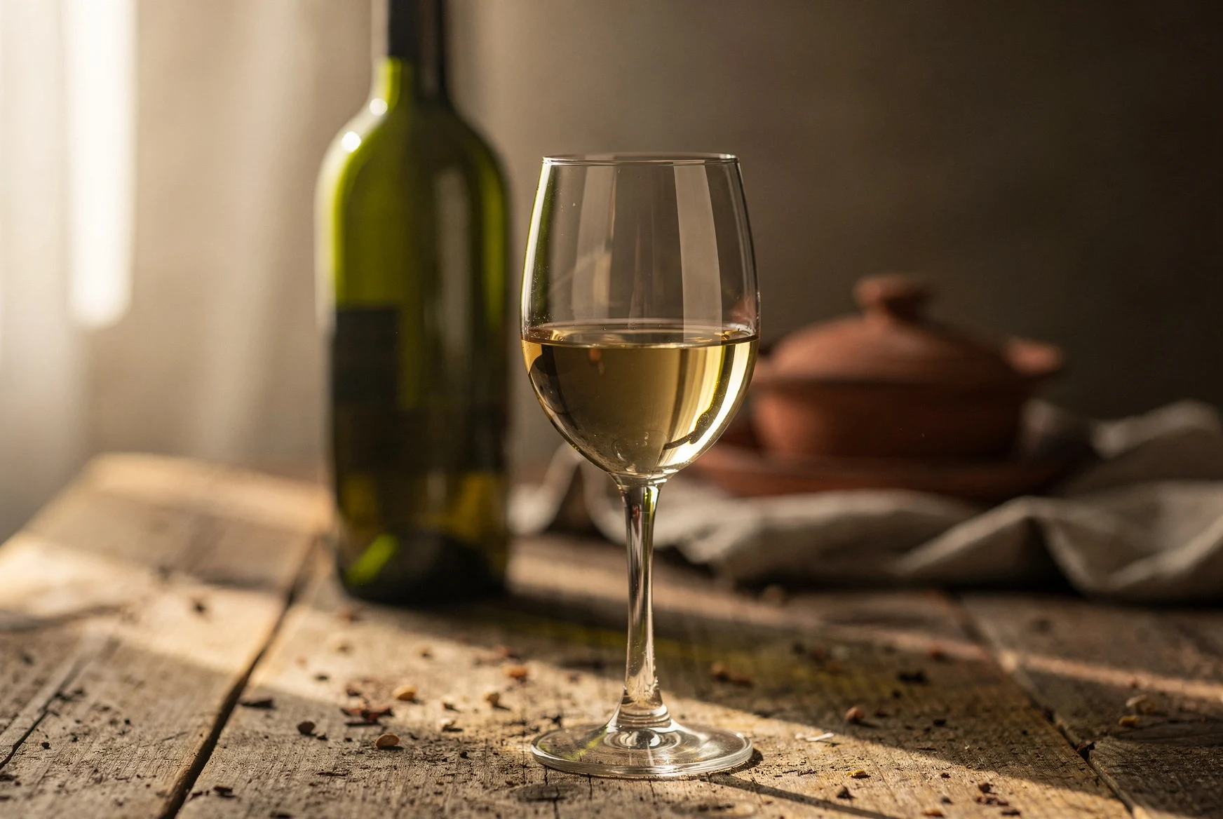 Glass of Georgian Tsinandali white wine on a rustic wooden table