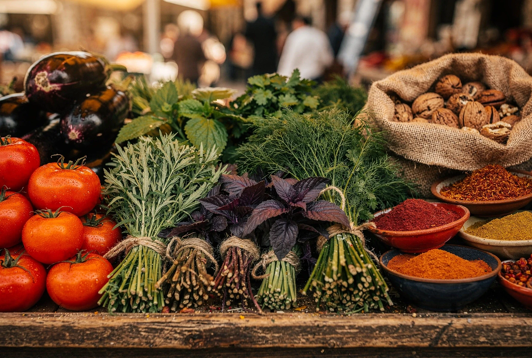 Georgian market stall with fresh herbs, vegetables, walnuts, and spices