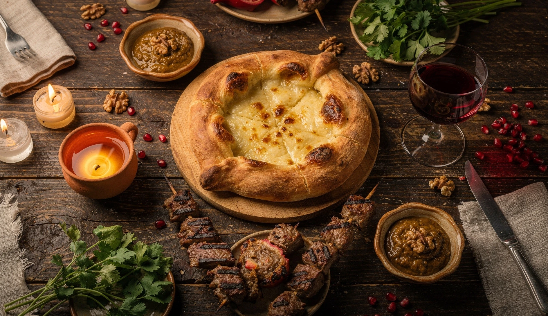 Overhead view of a Georgian dinner table with amber wine, Saperavi, khachapuri, grilled meat, and walnut sauces