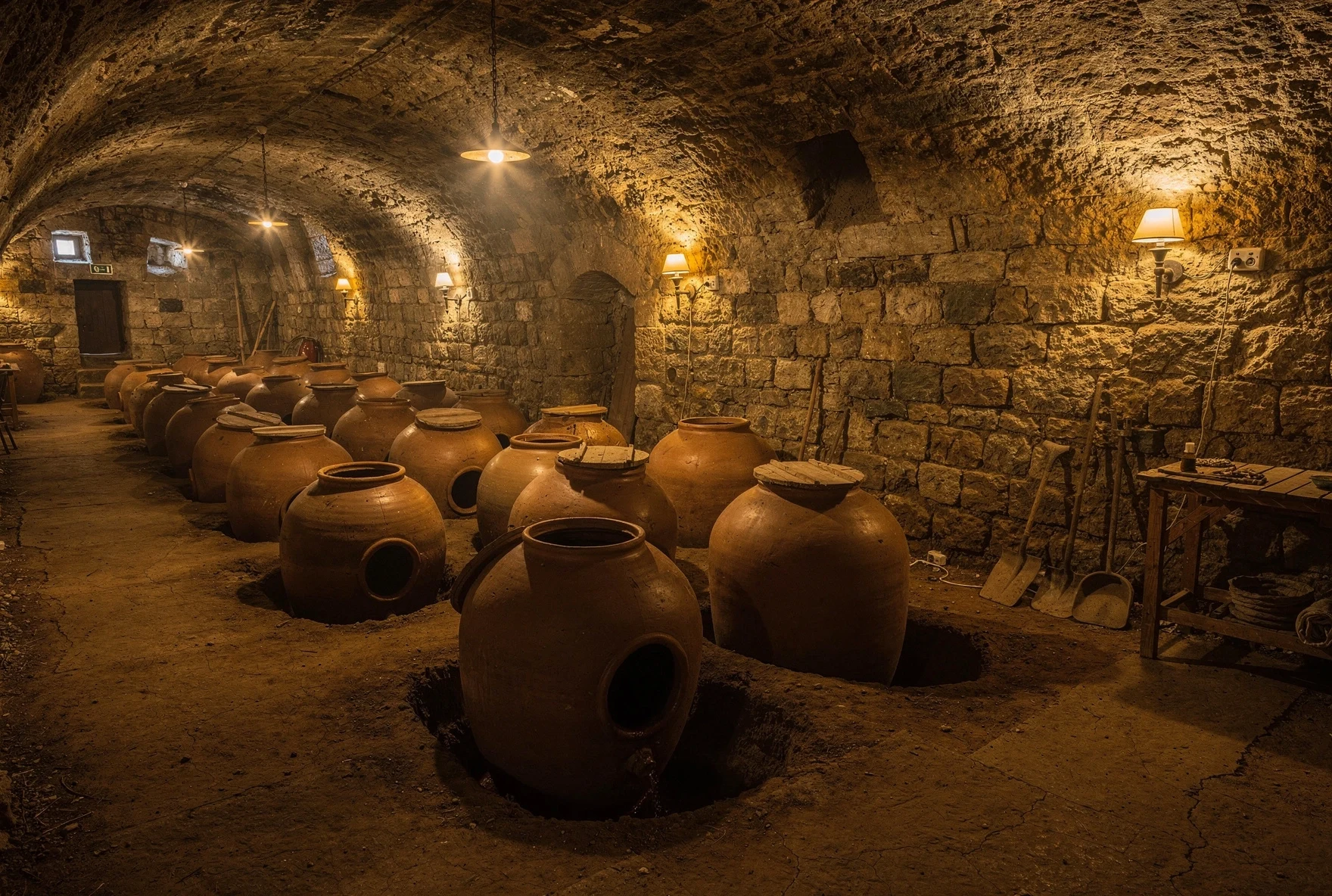 Traditional Georgian wine cellar with clay qvevri vessels buried in the floor