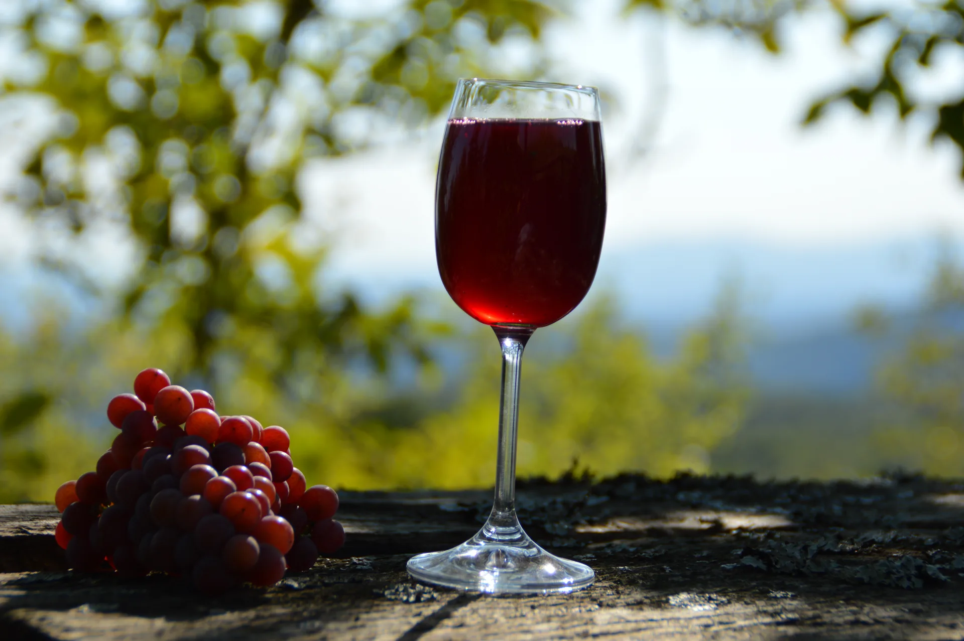 Wine glass and grapes on a wooden table in a Georgian vineyard